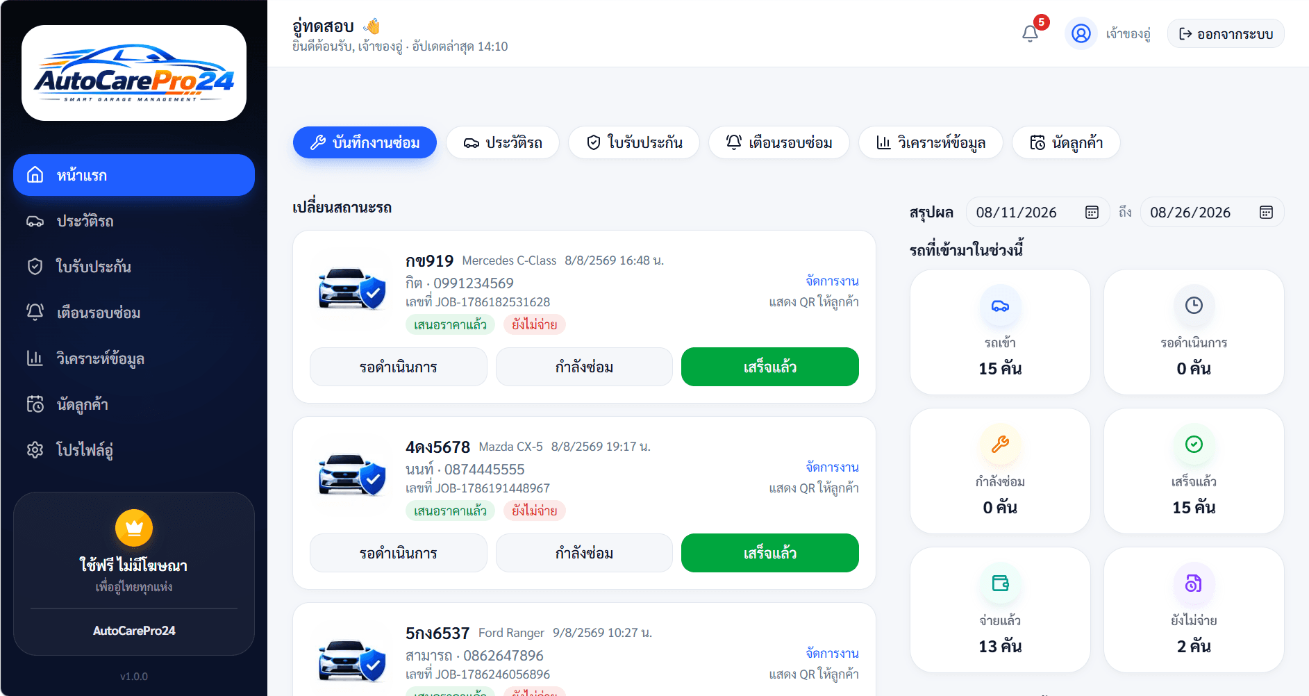 หน้าแดชบอร์ดจริงของระบบ AutoCarePro24